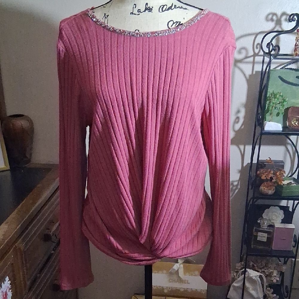 Juicy Couture Pink Glitter Ribbed Knit Twisted Knot Top Size Large